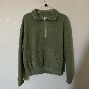 H&M — Green Fuzzy Quarter-Zip Sweatshirt